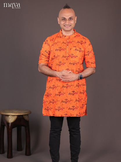 Orange Cotton Divine Printed Short Men Kurta - Shop on Shrus.com