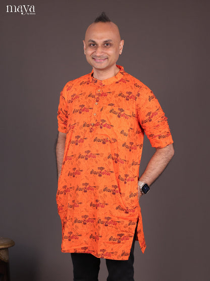 Orange Cotton Divine Printed Short Men Kurta - Shop on Shrus.com