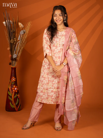 Pink Rayon 3Pc Salwar With Floral Print - Top, Bottom & Dupatta - Shop on Shrus.com
