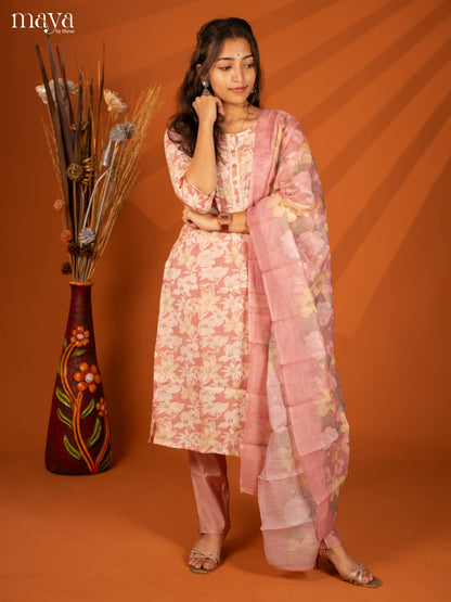 Pink Rayon 3Pc Salwar With Floral Print - Top, Bottom & Dupatta - Shop on Shrus.com