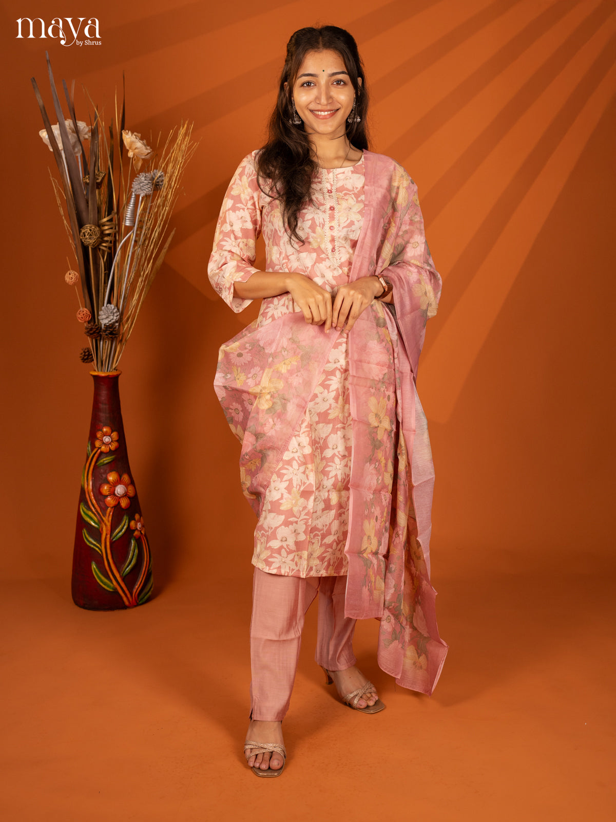 Pink Rayon 3Pc Salwar With Floral Print - Top, Bottom & Dupatta - Shop on Shrus.com