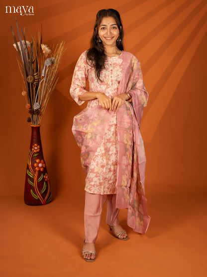 Pink Rayon 3Pc Salwar With Floral Print - Top, Bottom & Dupatta - Shop on Shrus.com