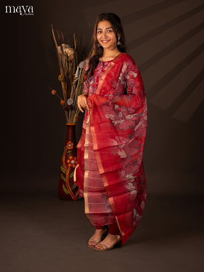 Red Rayon 3 Pc Printed Salwar suit -Top, Bottom & Dupatta - Shop on Shrus.com