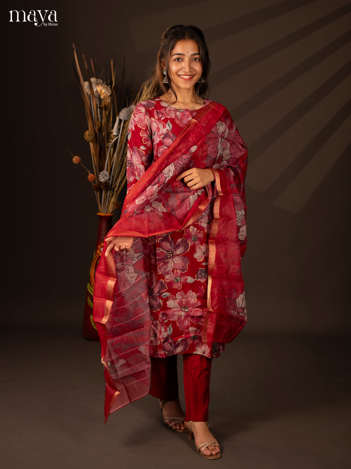 Red Rayon 3 Pc Printed Salwar suit -Top, Bottom & Dupatta - Shop on Shrus.com