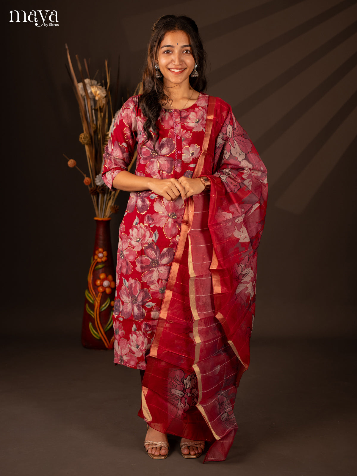 Red Rayon 3 Pc Printed Salwar suit -Top, Bottom & Dupatta - Shop on Shrus.com