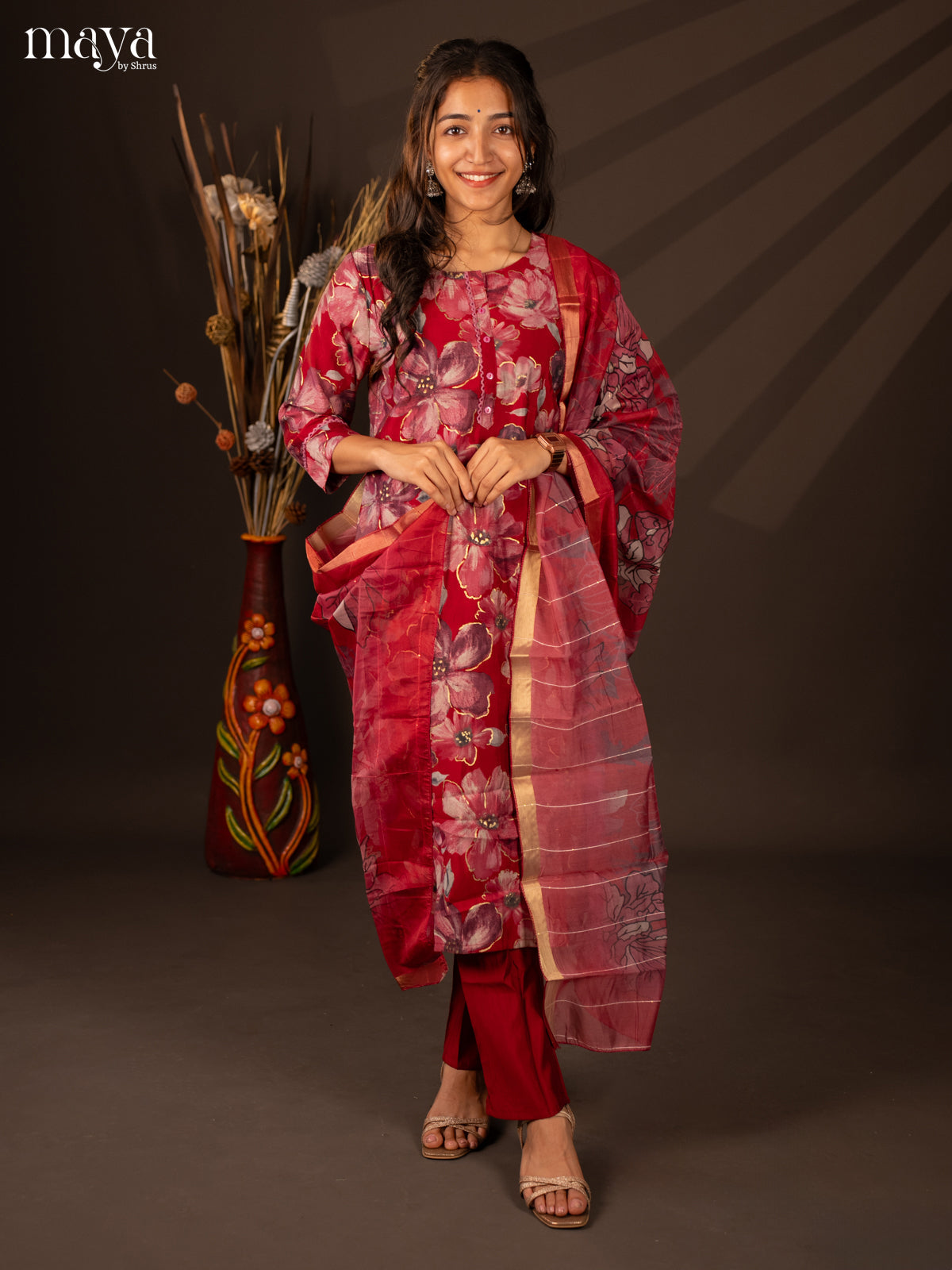 Red Rayon 3 Pc Printed Salwar suit -Top, Bottom & Dupatta - Shop on Shrus.com