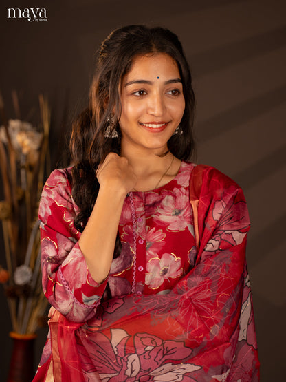 Red Rayon 3 Pc Printed Salwar suit -Top, Bottom & Dupatta - Shop on Shrus.com