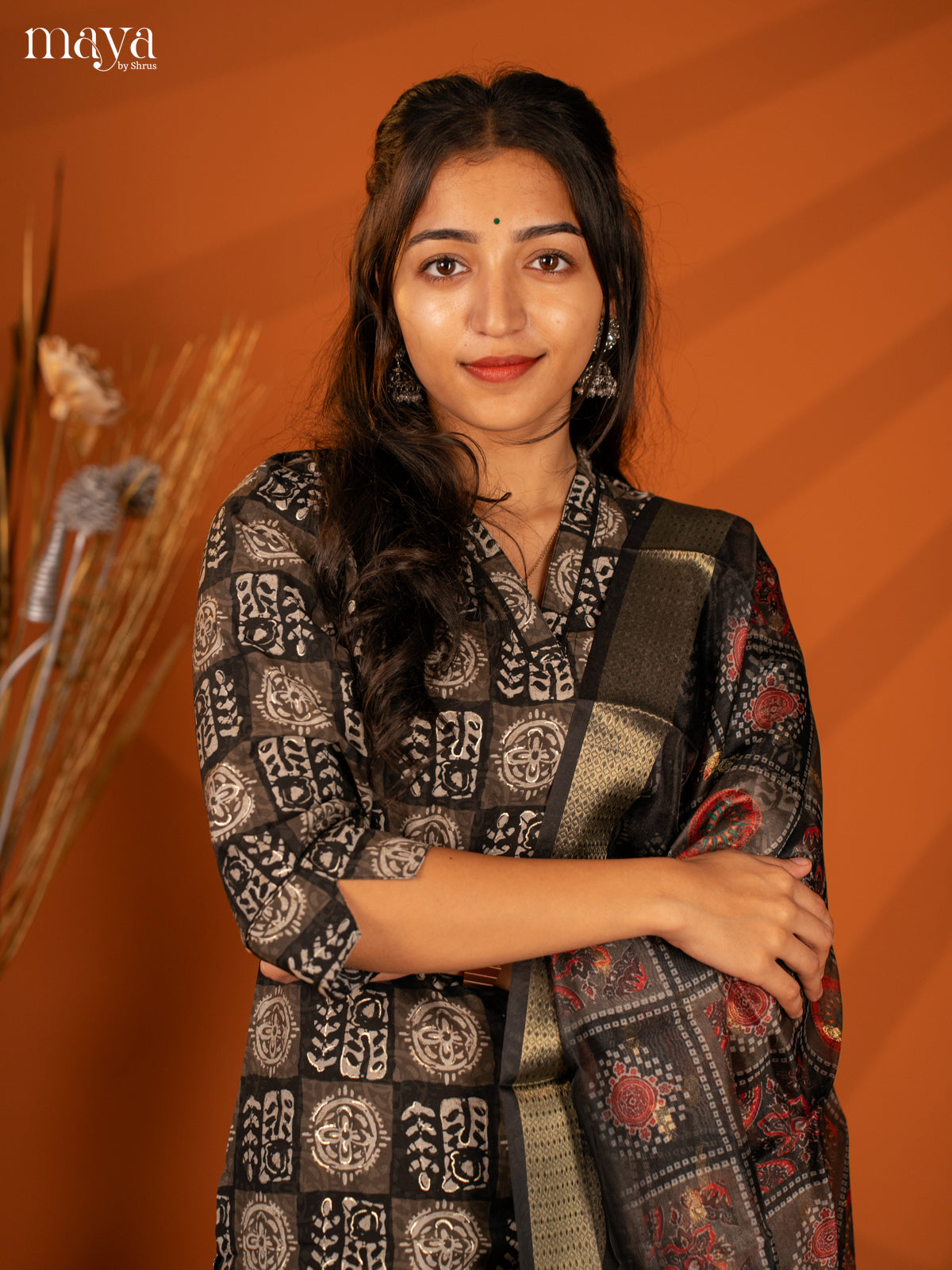Black Semi Crepe 3 Pc Salwar With Batik Print - Top, Bottom & Dupatta - Shop on Shrus.com
