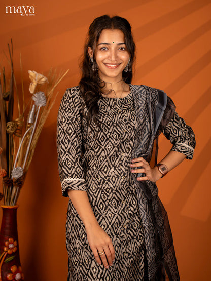 Black Linen Cotton 3 Pc Salwar with Digital Print - Top, Bottom & Dupatta - Shop on Shrus.com