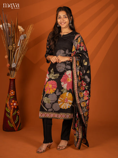 Black Rayon 3Pc Printed Salwar Suit- Top, Bottom & Dupatta - Shop on Shrus.com