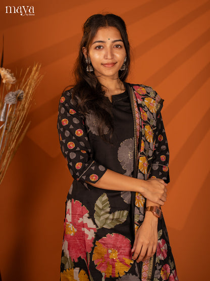 Black Rayon 3Pc Printed Salwar Suit- Top, Bottom & Dupatta - Shop on Shrus.com