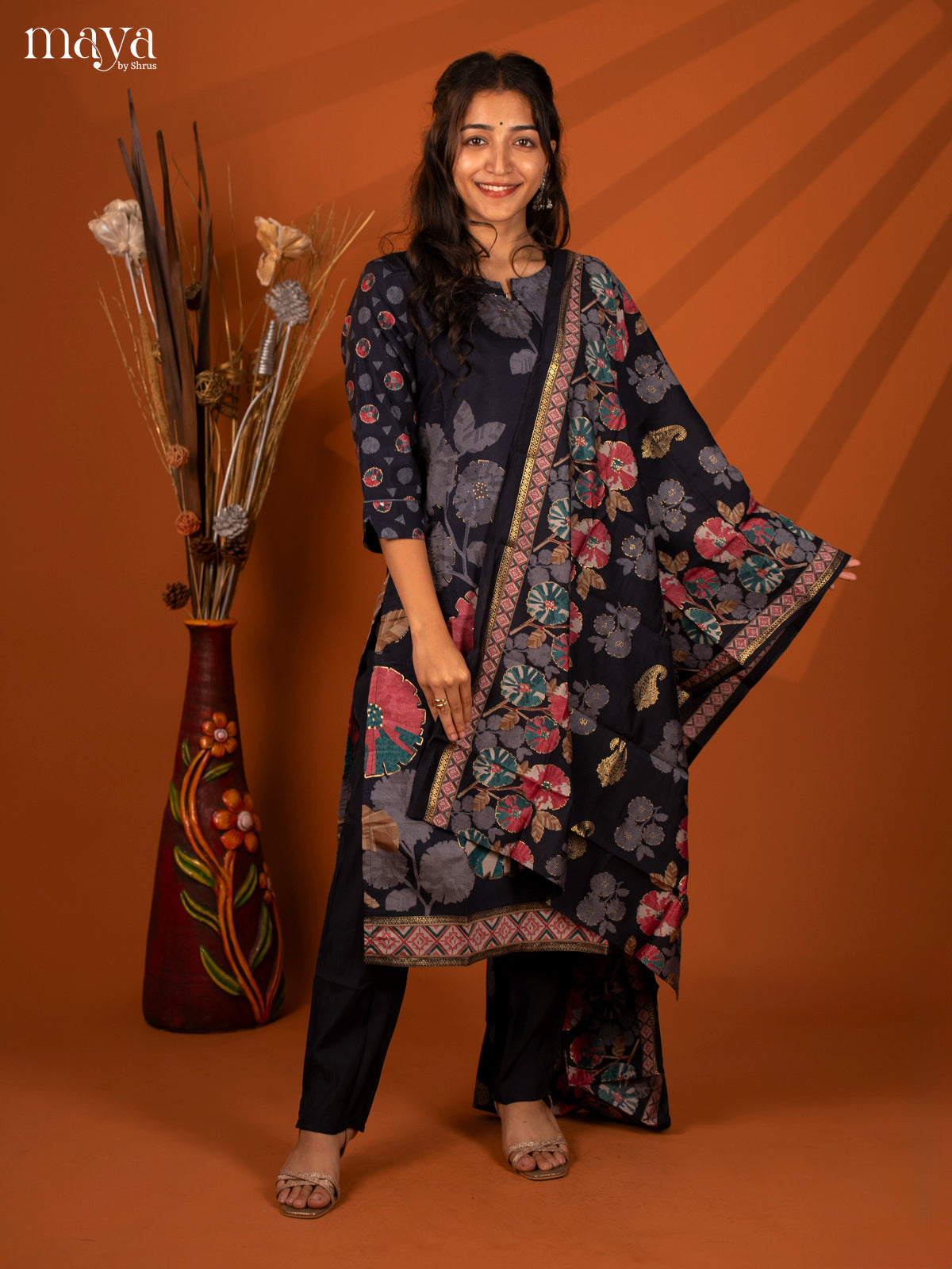 Blue Rayon 3 Pc Salwar With Floral Print - Top, Bottom & Dupatta - Shop on Shrus.com