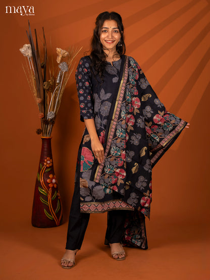 Blue Rayon 3 Pc Salwar With Floral Print - Top, Bottom & Dupatta - Shop on Shrus.com