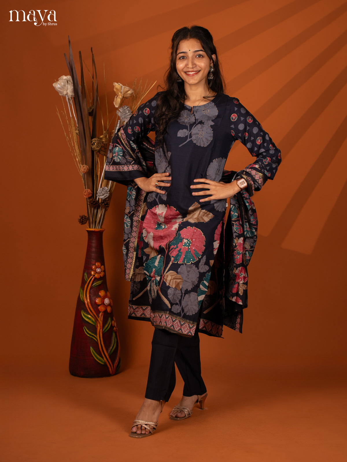 Blue Rayon 3 Pc Salwar With Floral Print - Top, Bottom & Dupatta - Shop on Shrus.com