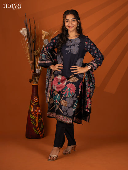 Blue Rayon 3 Pc Salwar With Floral Print - Top, Bottom & Dupatta - Shop on Shrus.com