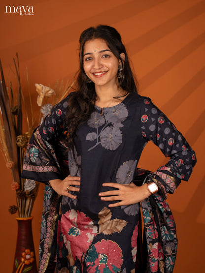 Blue Rayon 3 Pc Salwar With Floral Print - Top, Bottom & Dupatta - Shop on Shrus.com