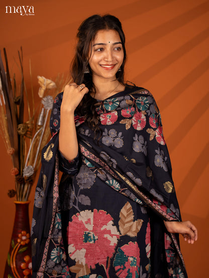 Blue Rayon 3 Pc Salwar With Floral Print - Top, Bottom & Dupatta - Shop on Shrus.com