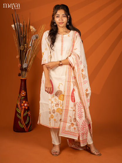 Cream Cotton 3 Pc Salwar With Embroidery - Top, Bottom & Dupatta - Shop on Shrus.com