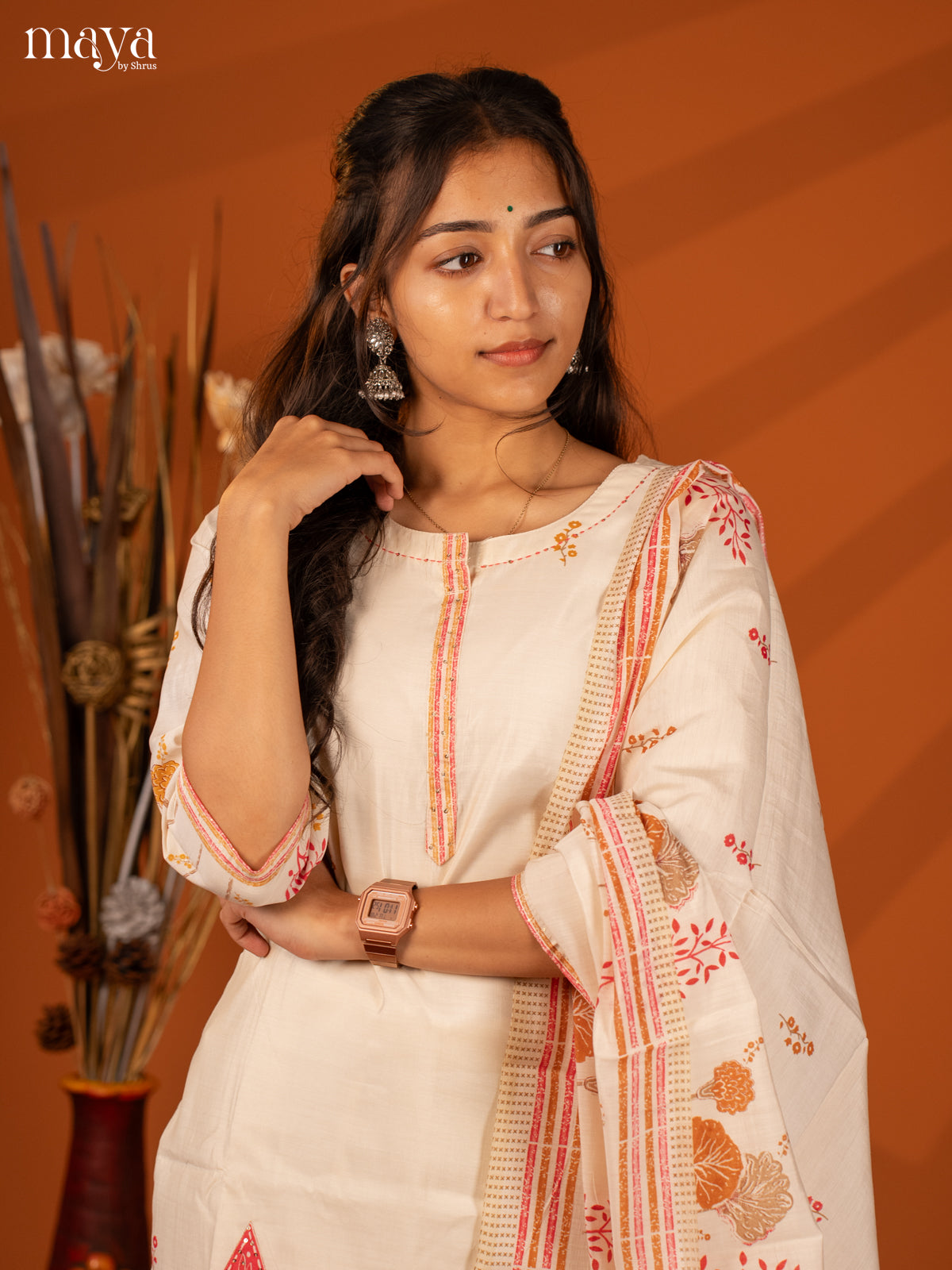 Cream Cotton 3 Pc Salwar With Embroidery - Top, Bottom & Dupatta - Shop on Shrus.com