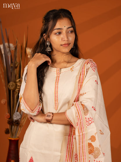 Cream Cotton 3 Pc Salwar With Embroidery - Top, Bottom & Dupatta - Shop on Shrus.com