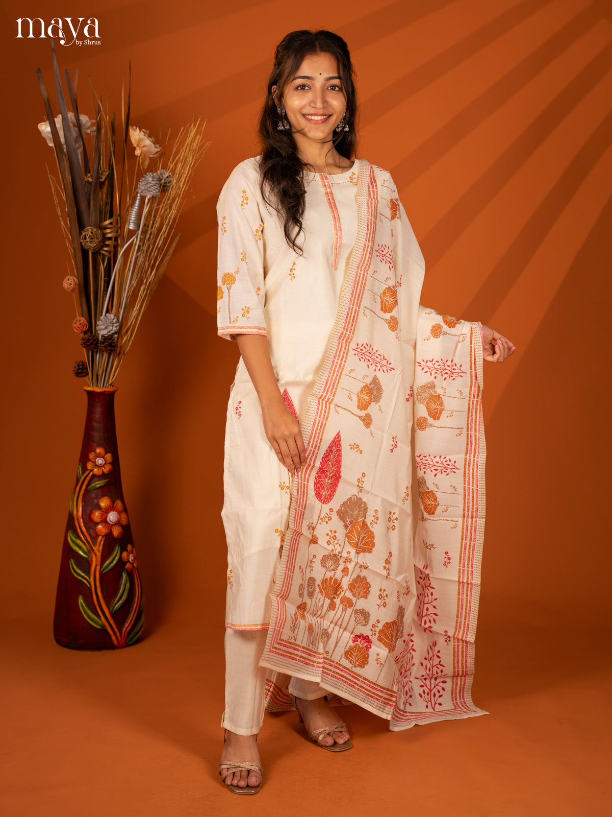 Cream Cotton 3 Pc Salwar With Embroidery - Top, Bottom & Dupatta - Shop on Shrus.com