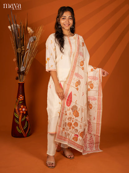 Cream Cotton 3 Pc Salwar With Embroidery - Top, Bottom & Dupatta - Shop on Shrus.com
