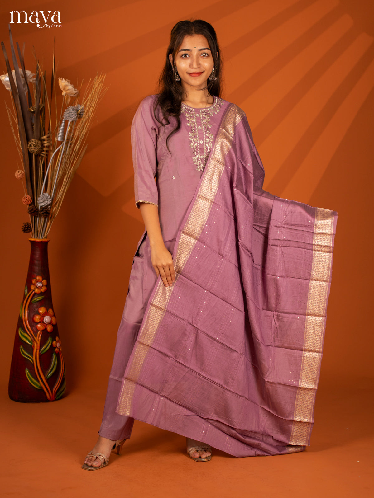 Embroidered Rayon Purple 3Pc Salwar Suit- Top, Bottom & Dupatta - Shop on Shrus.com