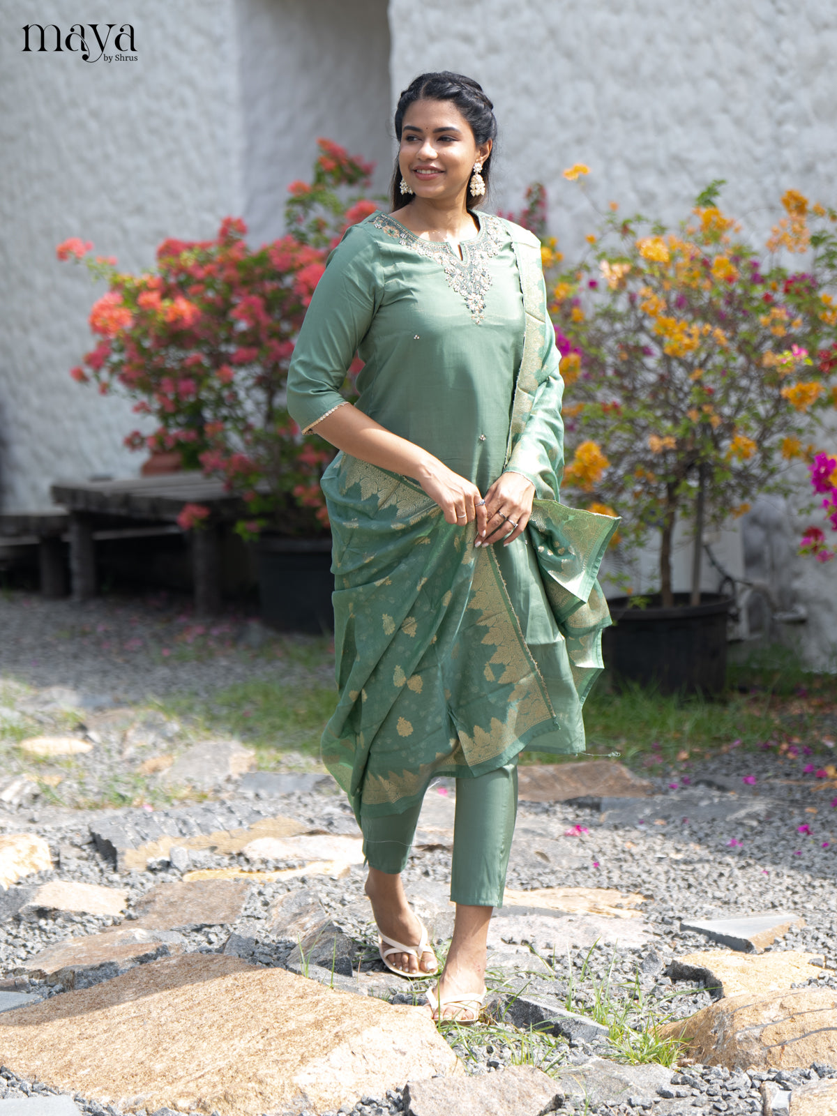 Embroidered Rayon Green 3Pc Salwar Suit- Top, Bottom & Dupatta - Shop on Shrus.com