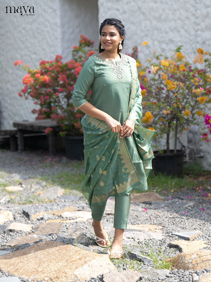 Embroidered Rayon Green 3Pc Salwar Suit- Top, Bottom & Dupatta - Shop on Shrus.com