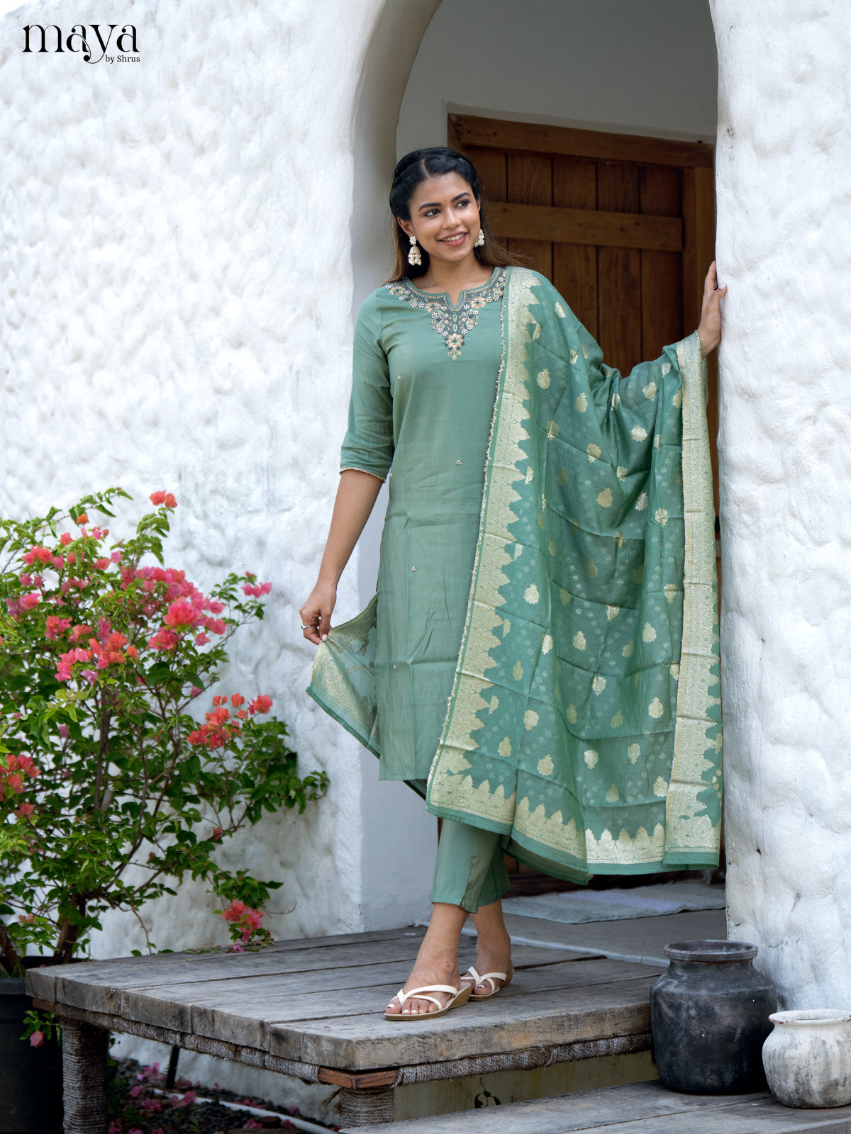 Embroidered Rayon Green 3Pc Salwar Suit- Top, Bottom & Dupatta - Shop on Shrus.com