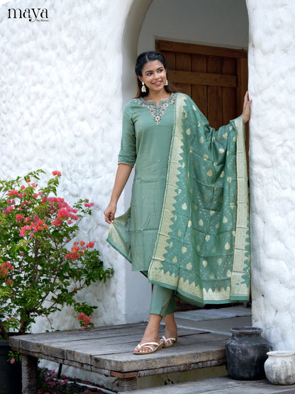 Embroidered Rayon Green 3Pc Salwar Suit- Top, Bottom & Dupatta - Shop on Shrus.com