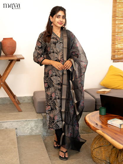 Black Cotton 3 Pc Salwar With Floral Print - Top, Bottom & Dupatta - Shop on Shrus.com