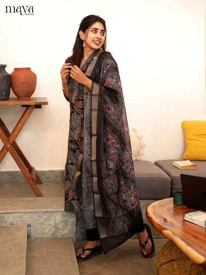 Black Cotton 3 Pc Salwar With Floral Print - Top, Bottom & Dupatta - Shop on Shrus.com