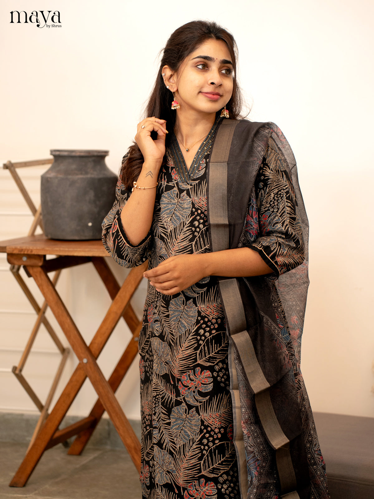 Black Cotton 3 Pc Salwar With Floral Print - Top, Bottom & Dupatta - Shop on Shrus.com