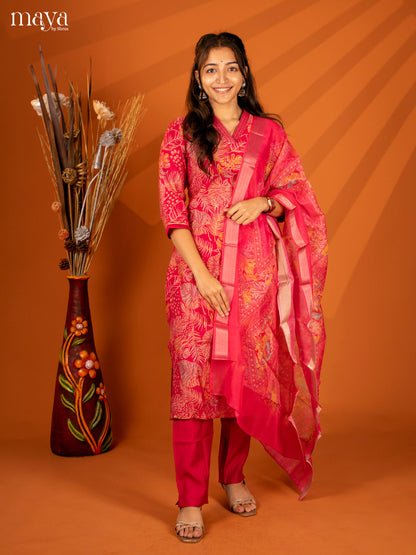 Pink Cotton 3 Pc Salwar With Floral Print - Top, Bottom & Dupatta - Shop on Shrus.com