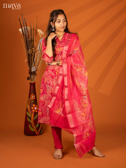 Pink Cotton 3 Pc Salwar With Floral Print - Top, Bottom & Dupatta - Shop on Shrus.com