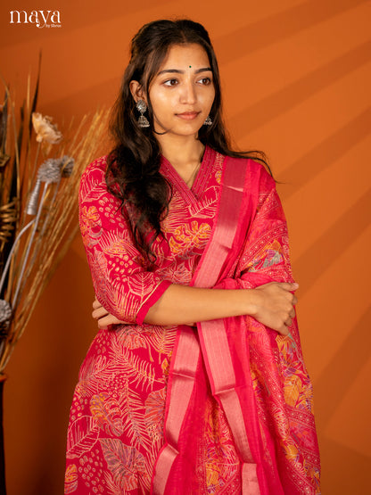 Pink Cotton 3 Pc Salwar With Floral Print - Top, Bottom & Dupatta - Shop on Shrus.com