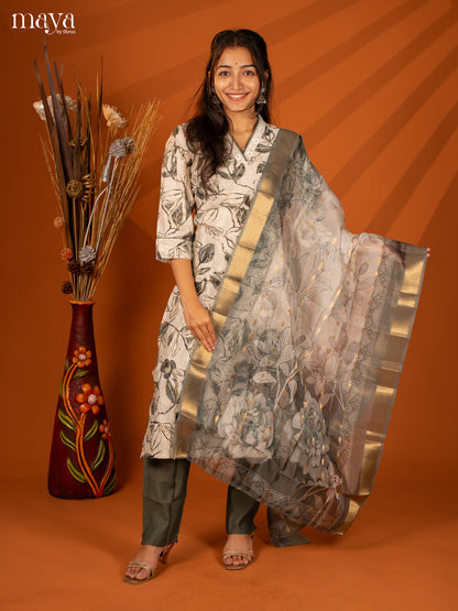 White Cotton 3 Pc Salwar With Floral Print - Top, Bottom & Dupatta - Shop on Shrus.com