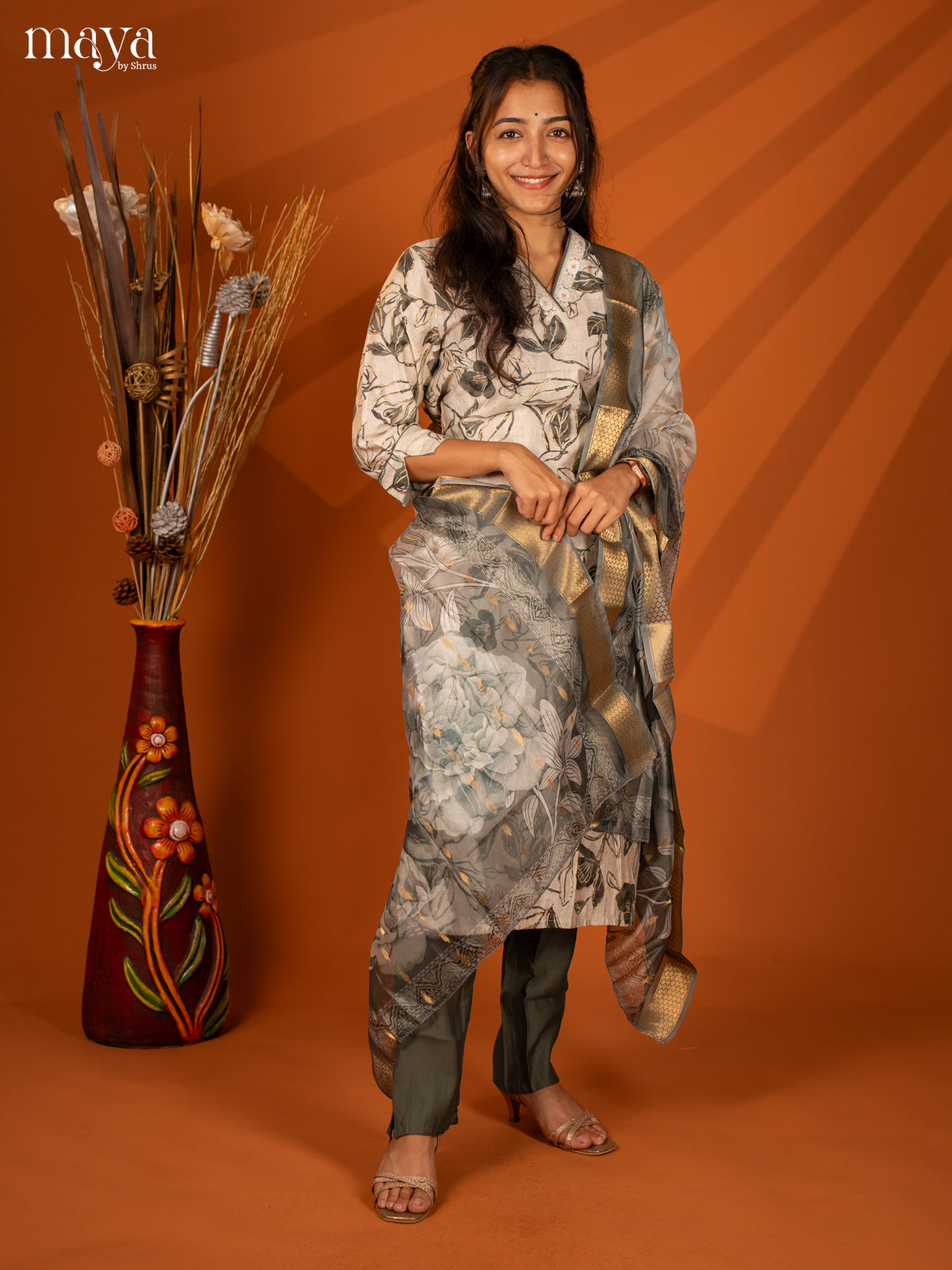 White Cotton 3 Pc Salwar With Floral Print - Top, Bottom & Dupatta - Shop on Shrus.com