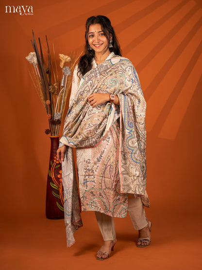 White Semi Crepe 3 Pc Salwar With Digital Print - Top, Bottom & Dupatta - Shop on Shrus.com