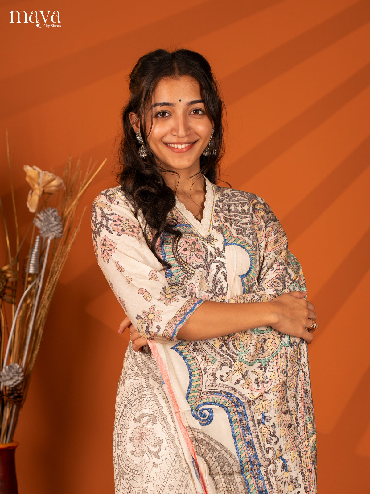 White Semi Crepe 3 Pc Salwar With Digital Print - Top, Bottom & Dupatta - Shop on Shrus.com