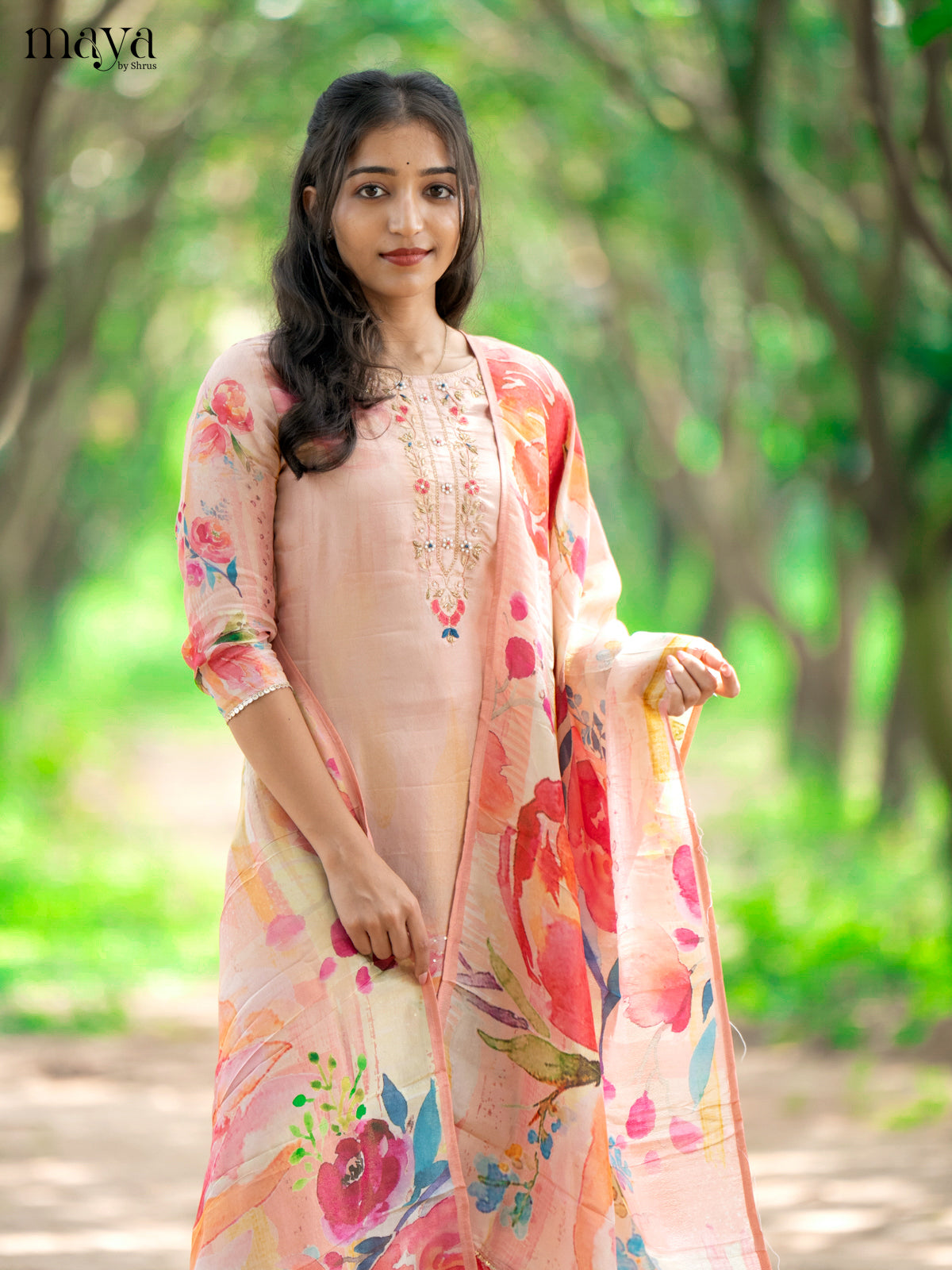 Embroidered Rayon Peach 3Pc Salwar Suit - Top, Bottom & Dupatta - Shop on Shrus.com