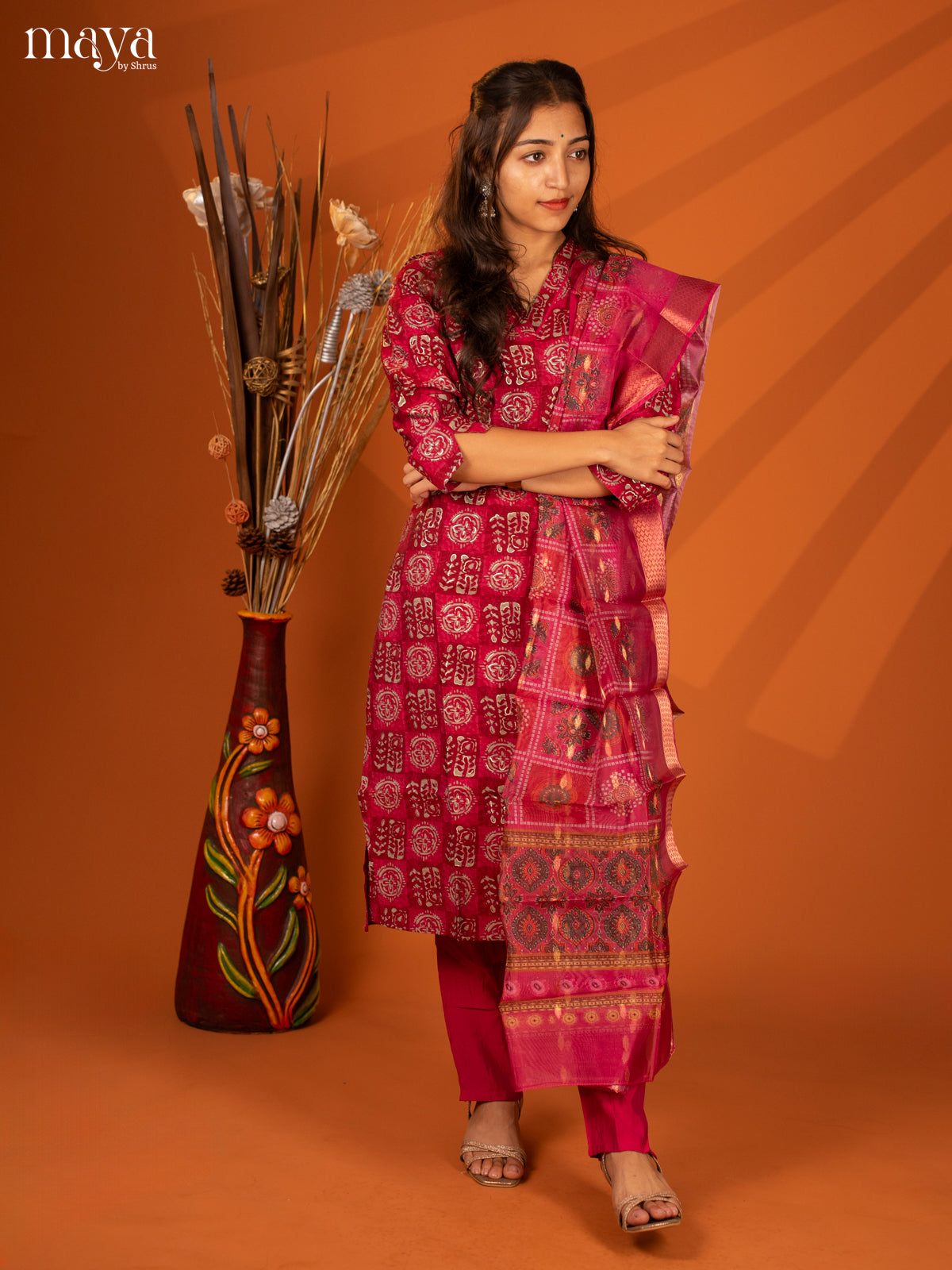 Magenta Semi Crepe 3 Pc Salwar with Batik Print - Top, Bottom & Dupatta - Shop on Shrus.com