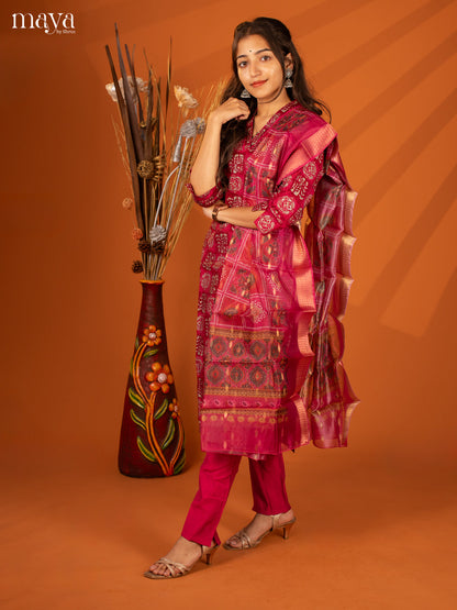 Magenta Semi Crepe 3 Pc Salwar with Batik Print - Top, Bottom & Dupatta - Shop on Shrus.com