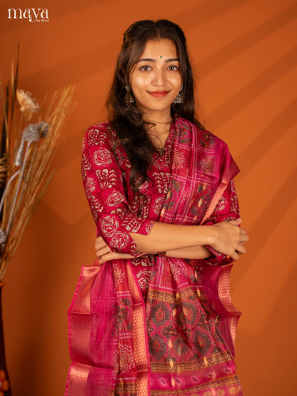 Magenta Semi Crepe 3 Pc Salwar with Batik Print - Top, Bottom & Dupatta - Shop on Shrus.com