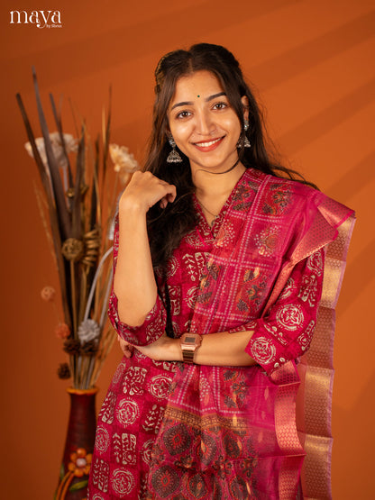 Magenta Semi Crepe 3 Pc Salwar with Batik Print - Top, Bottom & Dupatta - Shop on Shrus.com