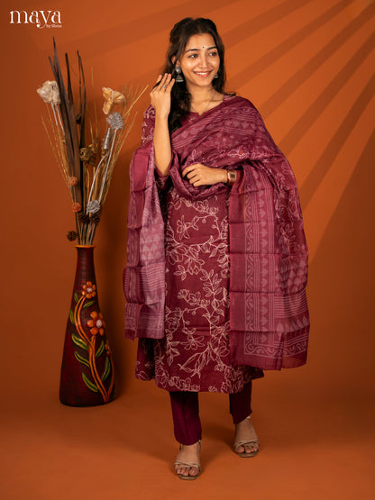 Magenta Cotton 3 Pc Printed Salwar Suit - Top, Bottom & Dupatta - Shop on Shrus.com