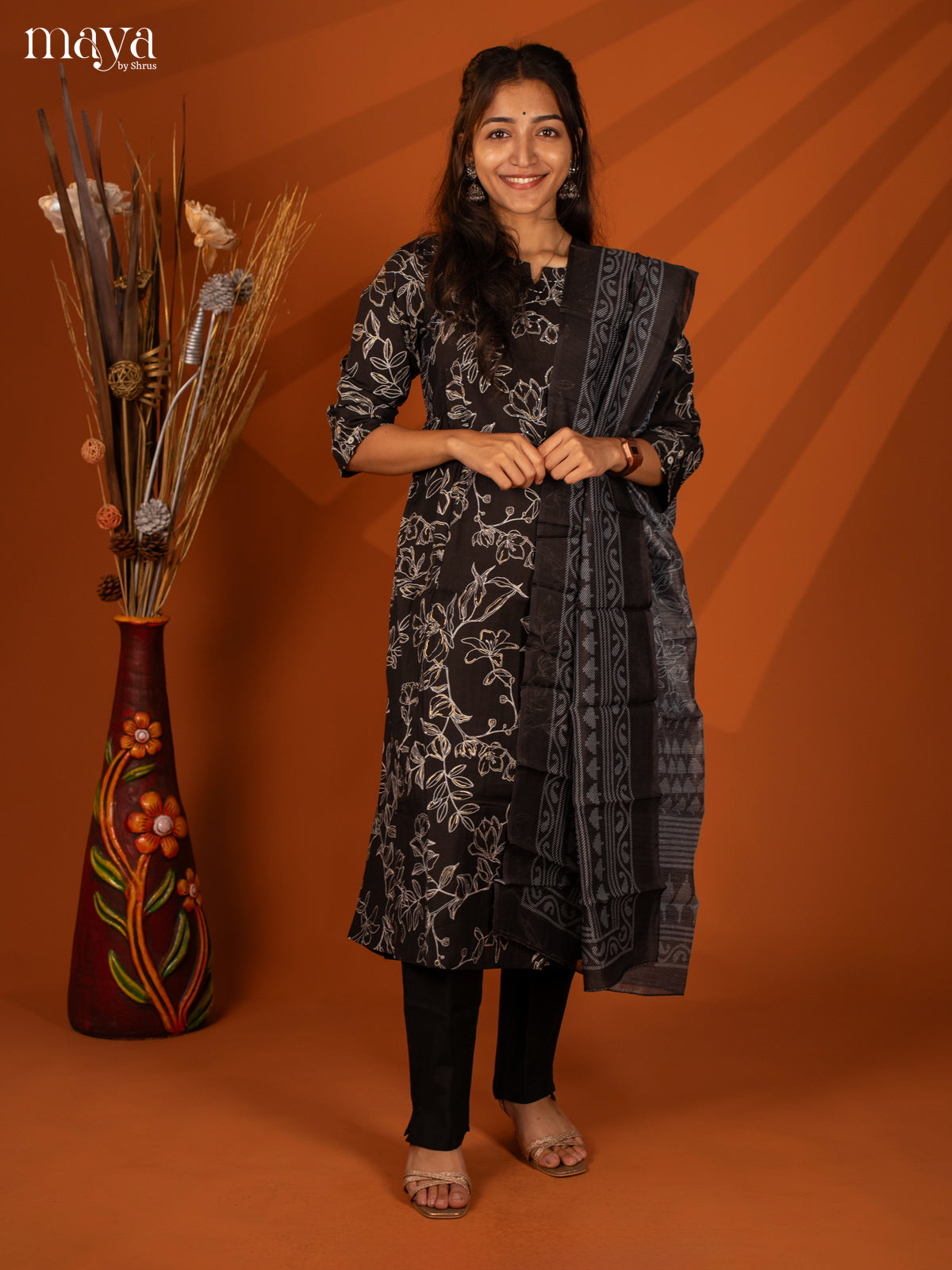 Black Cotton 3 Pc Salwar With Floral Print - Top, Bottom & Dupatta - Shop on Shrus.com