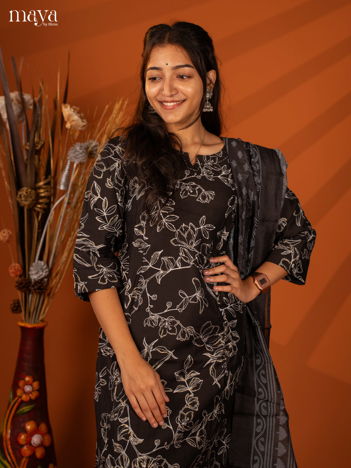 Black Cotton 3 Pc Salwar With Floral Print - Top, Bottom & Dupatta - Shop on Shrus.com