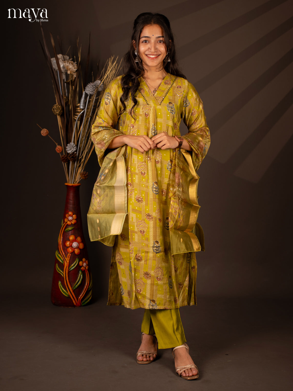 Green Rayon 3 Pc Salwar With Floral Print - Top, Bottom & Dupatta - Shop on Shrus.com